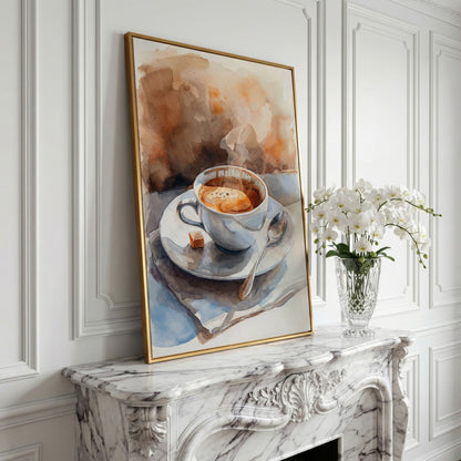 Morning Espresso Watercolor Canvas Print in yellow gold floating frame