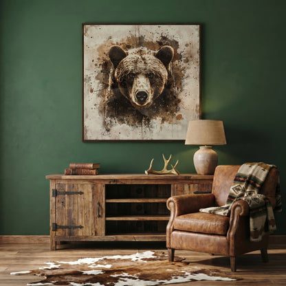 Grizzly Bear Close-Up Canvas in dark walnut floating frame