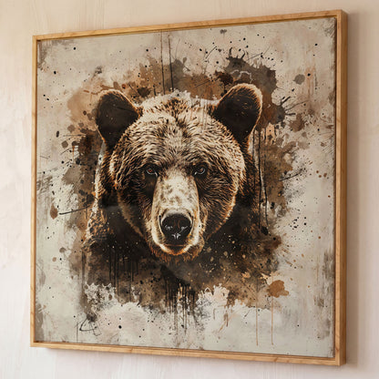 Grizzly Bear Close-Up Canvas shown in white oak floating frame