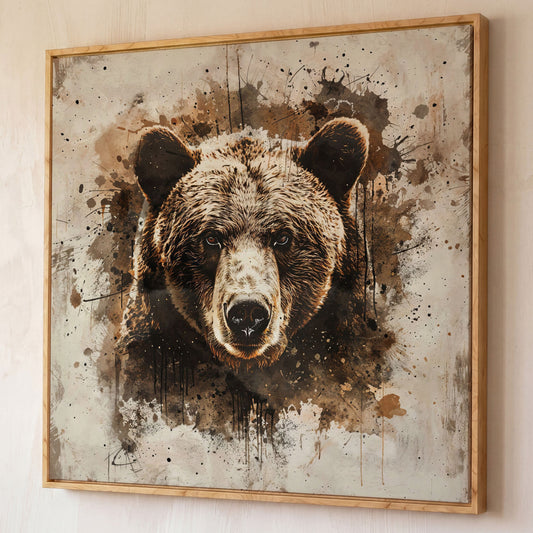 Grizzly Bear Close-Up Canvas shown in white oak floating frame