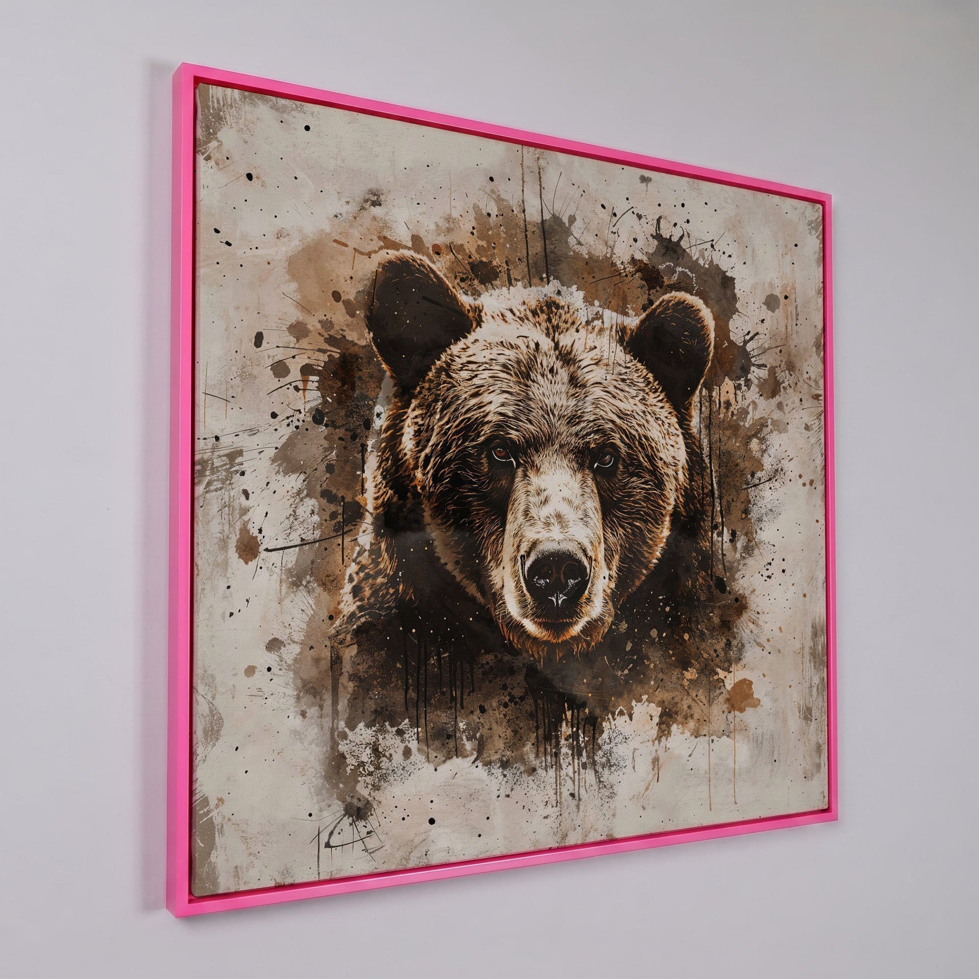 Grizzly Bear Close-Up Canvas in pink floating frame