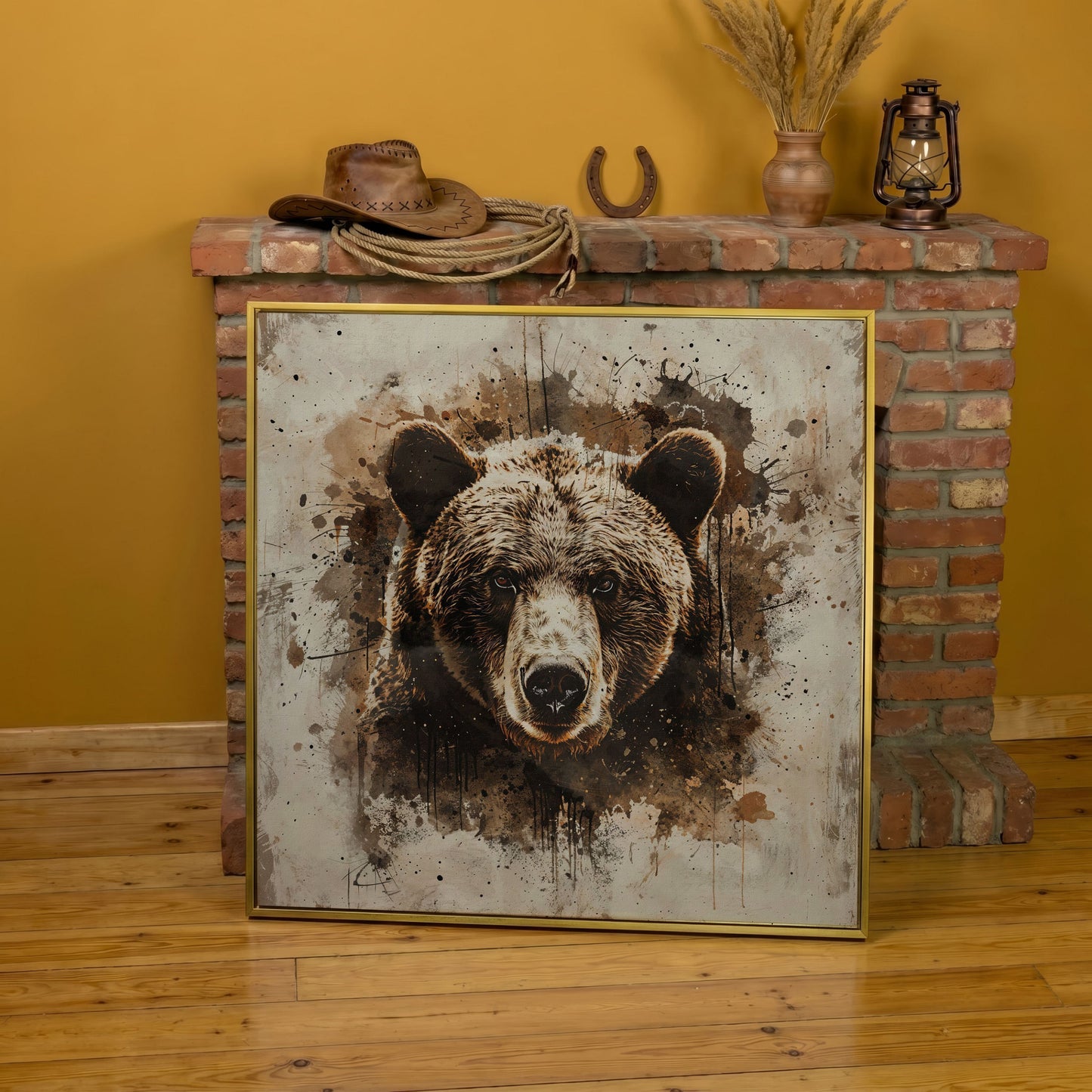 Grizzly Bear Close-Up Canvas in yellow gold floating frame