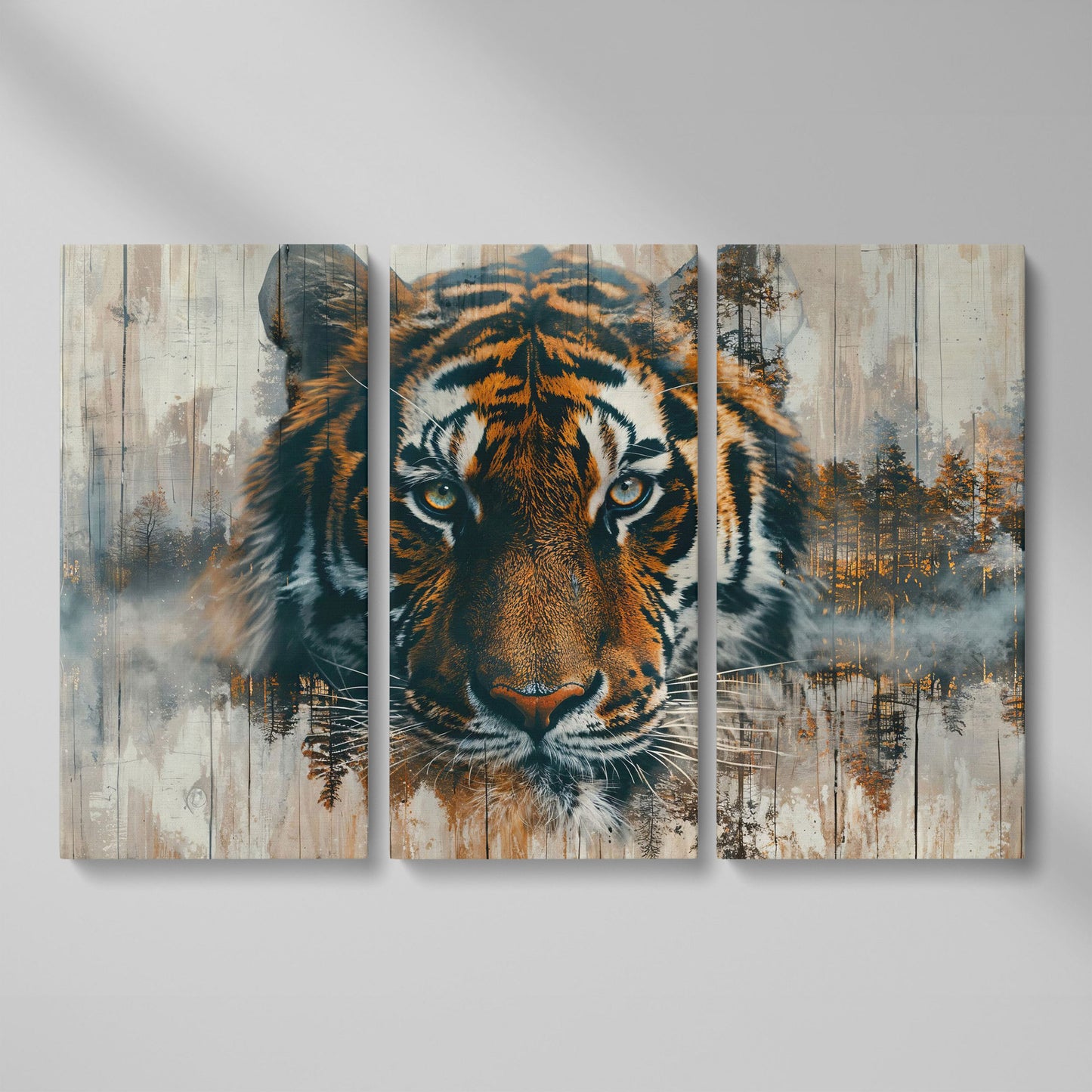 Tiger Portrait Canvas with Forest Double Exposure as 3-panel split version