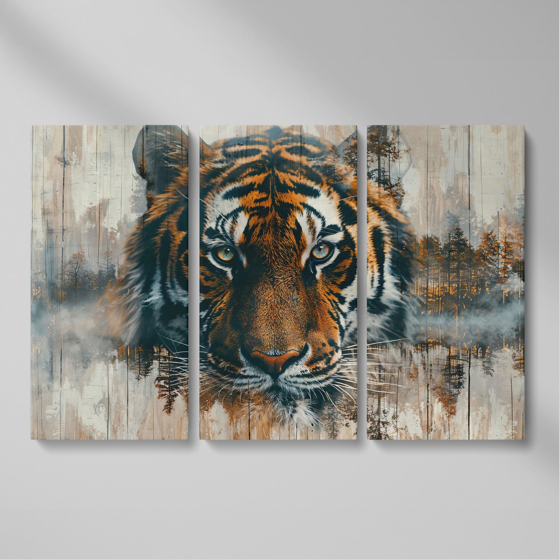 Tiger Portrait Canvas with Forest Double Exposure as 3-panel split version