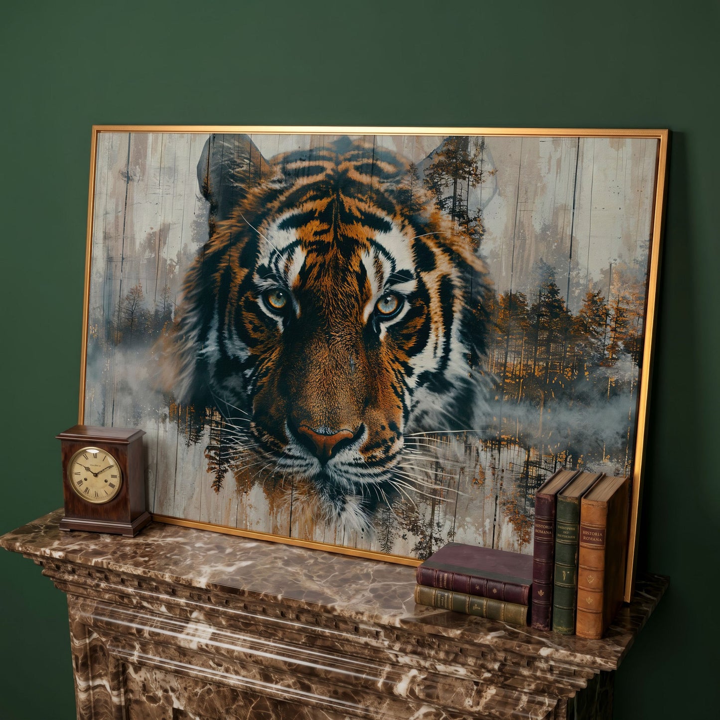 Tiger Portrait Canvas with Forest Double Exposure in antique gold floating frame