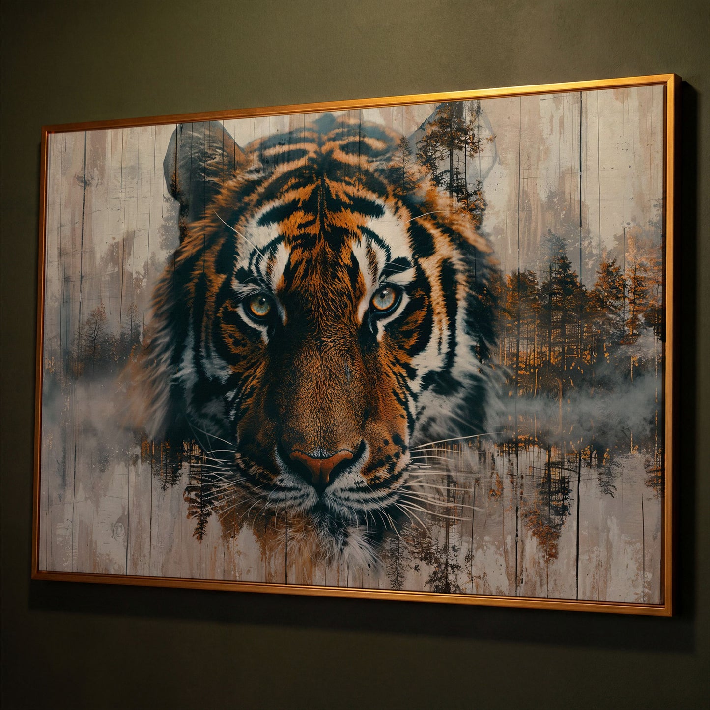 Tiger Portrait Canvas with Forest Double Exposure shown in antique gold floating frame