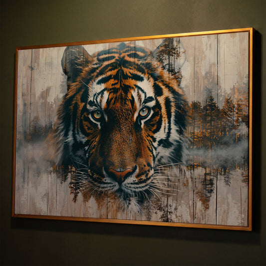 Tiger Portrait Canvas with Forest Double Exposure shown in antique gold floating frame