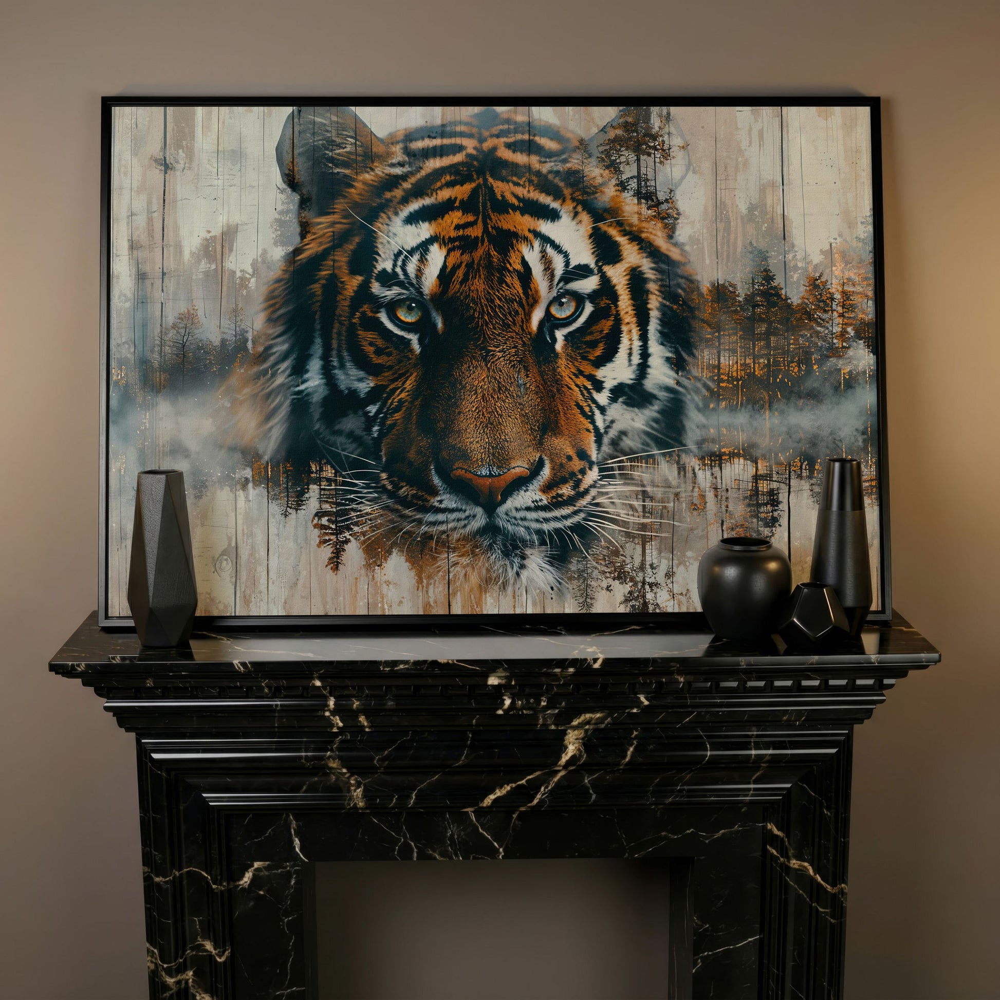 Tiger Portrait Canvas with Forest Double Exposure in black floating frame