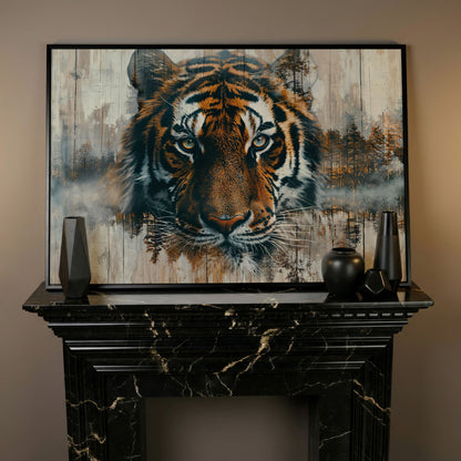 Tiger Portrait Canvas with Forest Double Exposure in black floating frame
