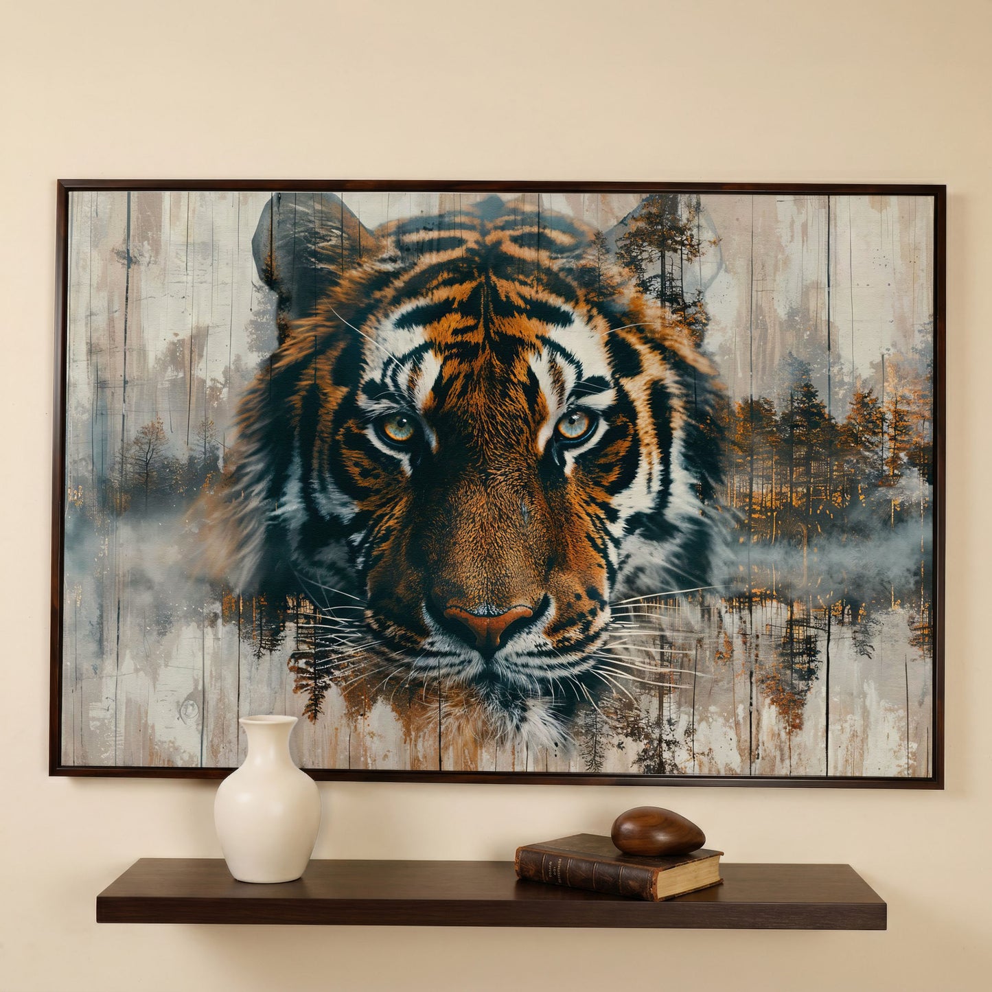 Tiger Portrait Canvas with Forest Double Exposure in dark walnut floating frame