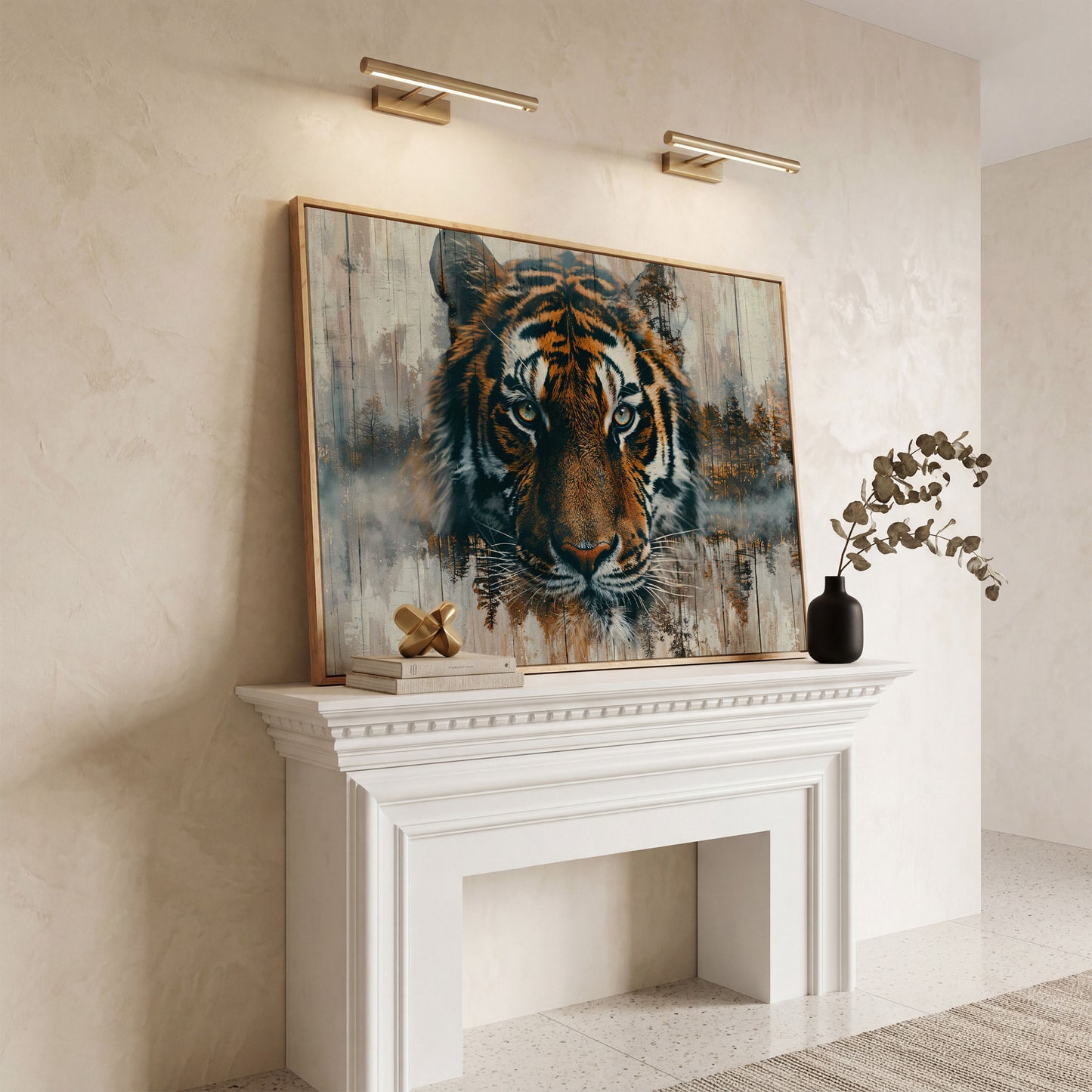 Tiger Portrait Canvas with Forest Double Exposure in white oak floating frame