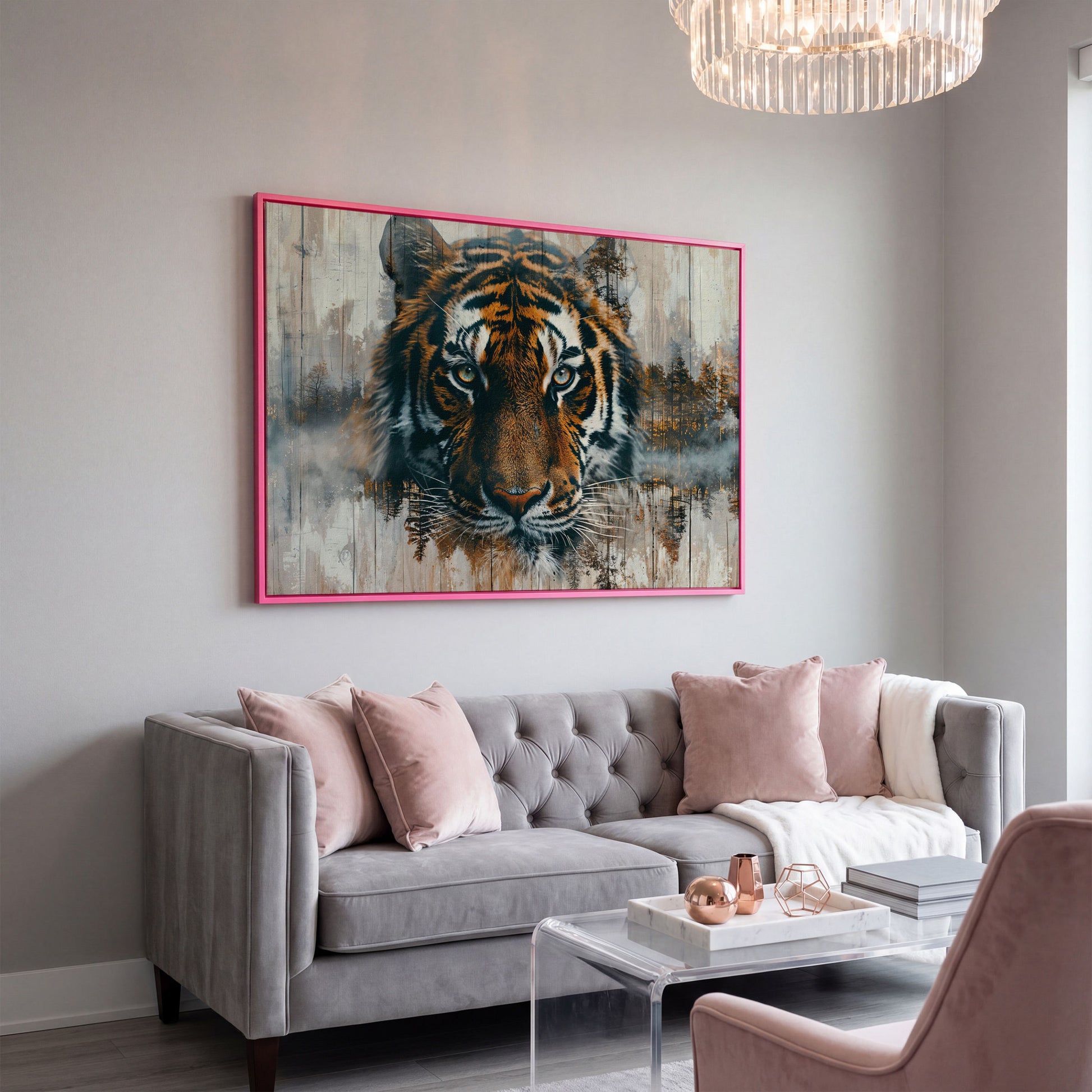 Tiger Portrait Canvas with Forest Double Exposure in pink floating frame