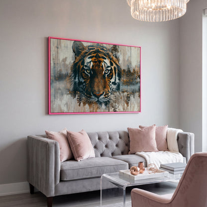 Tiger Portrait Canvas with Forest Double Exposure in pink floating frame