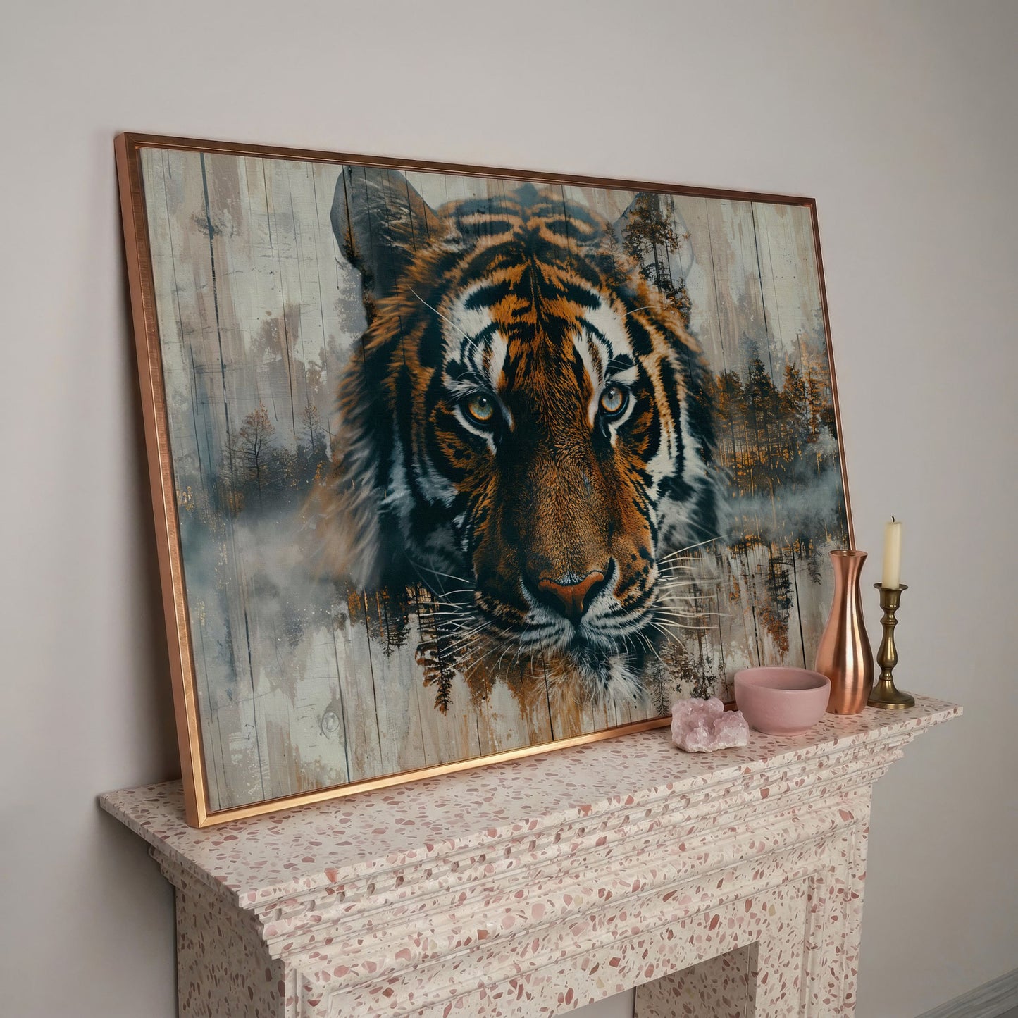 Tiger Portrait Canvas with Forest Double Exposure in rose gold floating frame