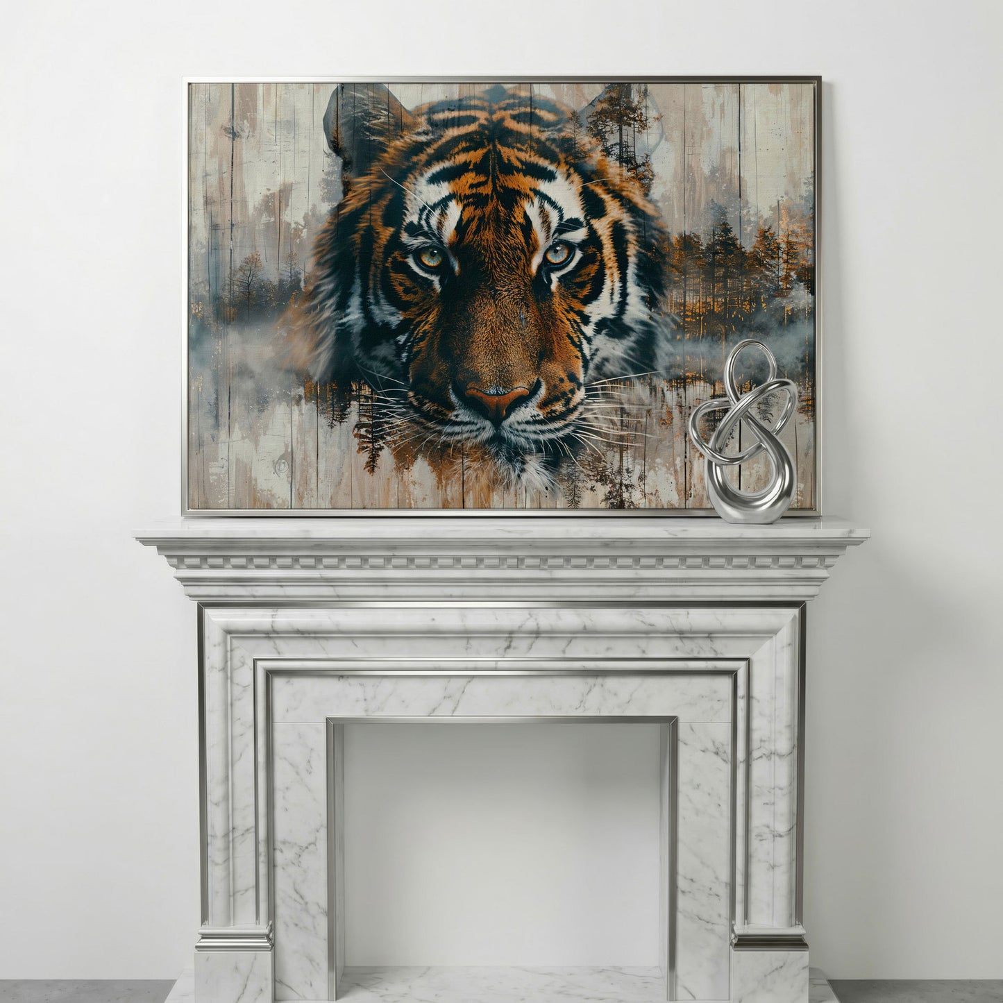 Tiger Portrait Canvas with Forest Double Exposure in silver floating frame
