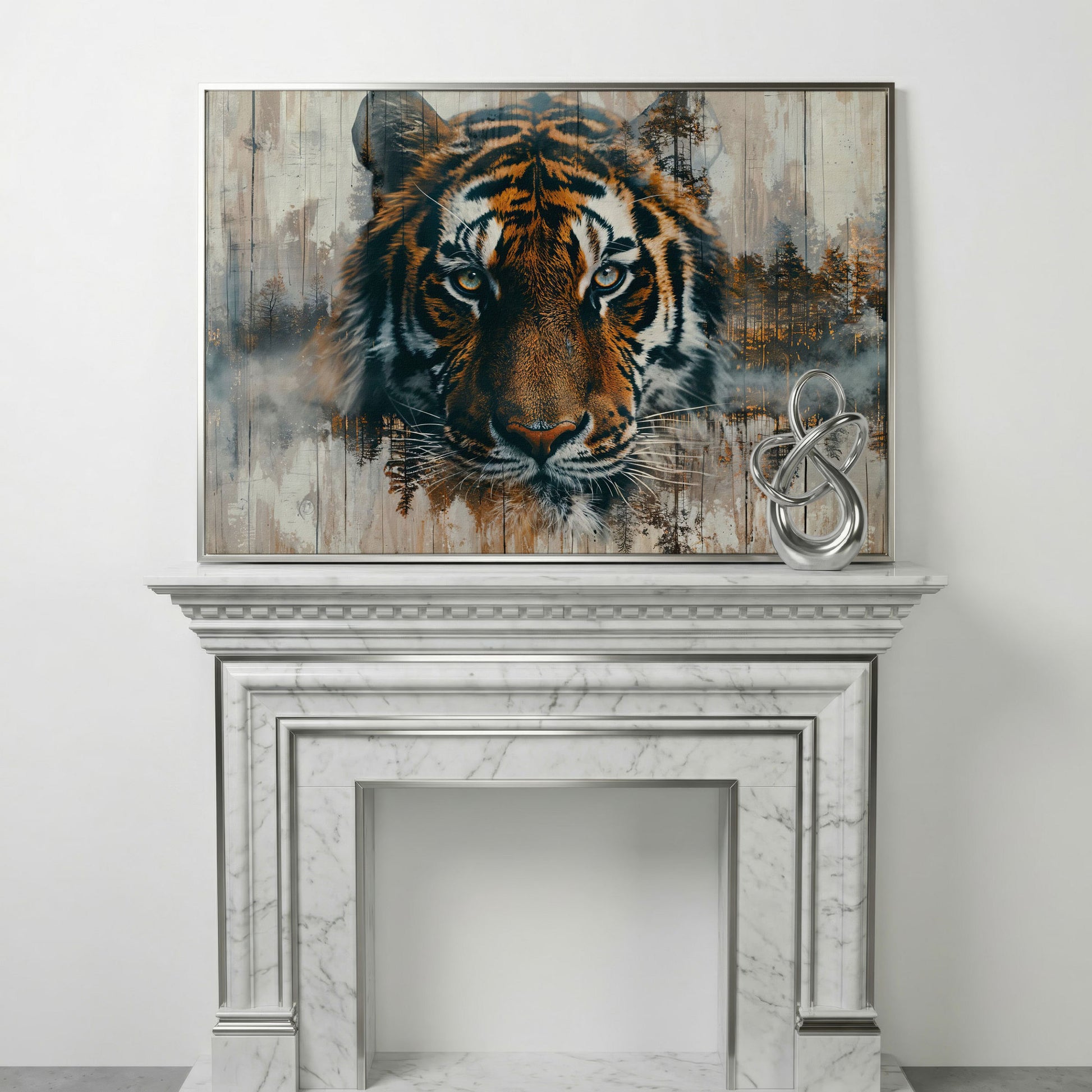 Tiger Portrait Canvas with Forest Double Exposure in silver floating frame