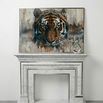 Tiger Portrait Canvas with Forest Double Exposure in silver floating frame