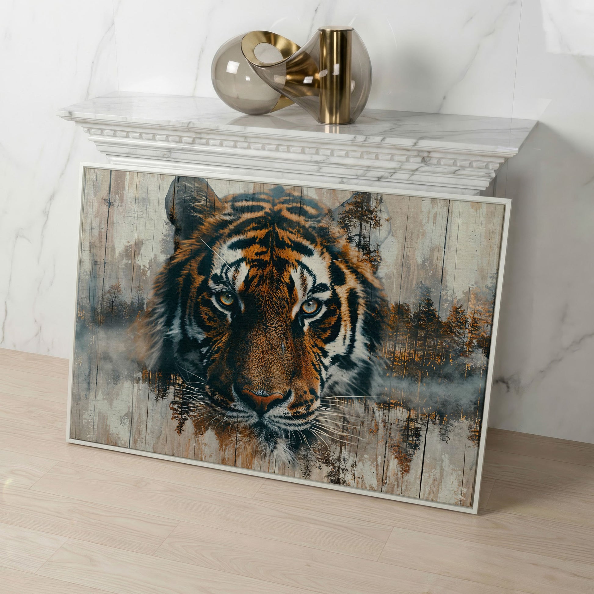 Tiger Portrait Canvas with Forest Double Exposure in white floating frame