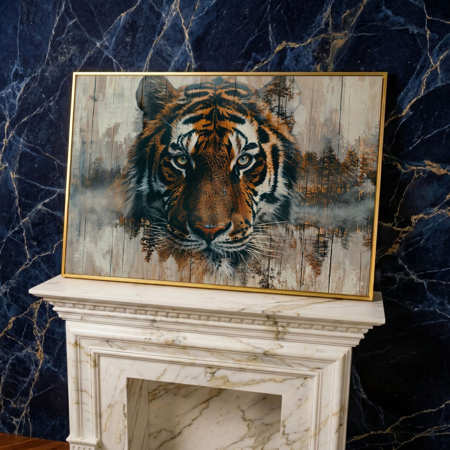 Tiger Portrait Canvas with Forest Double Exposure in yellow gold floating frame