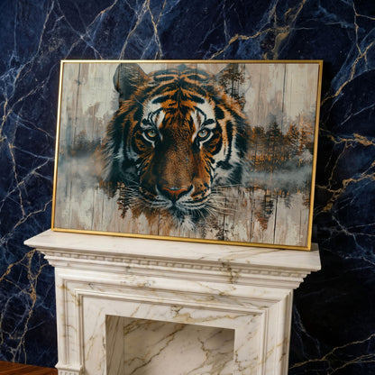 Tiger Portrait Canvas with Forest Double Exposure in yellow gold floating frame