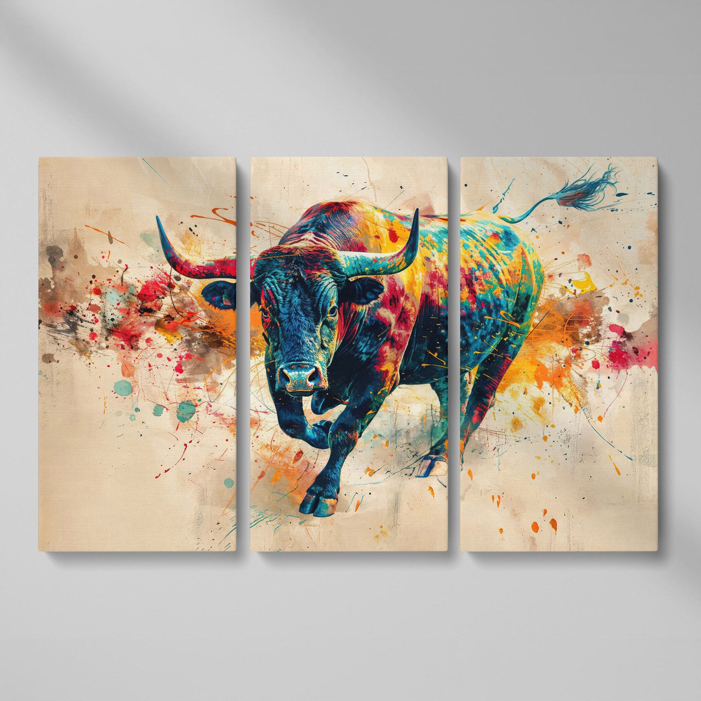 Charging Bull Abstract Canvas Wall Art as 3-panel split version