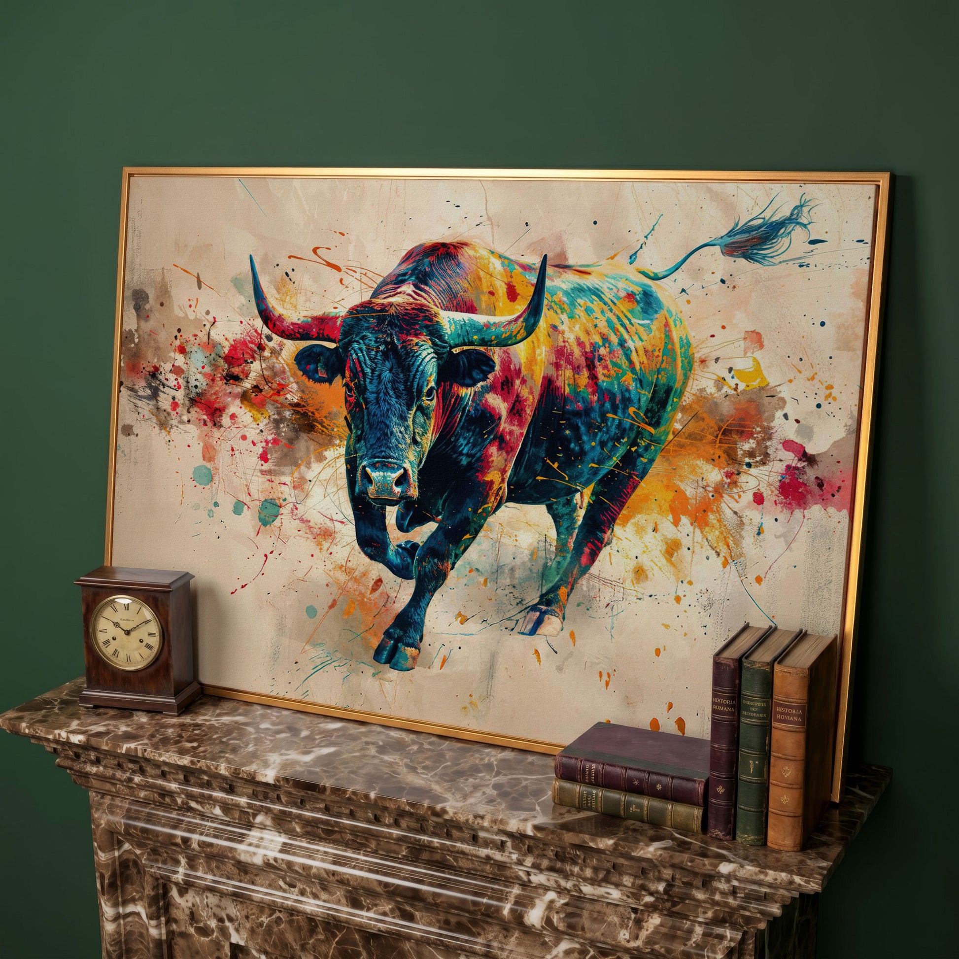 Charging Bull Abstract Canvas Wall Art in antique gold floating frame