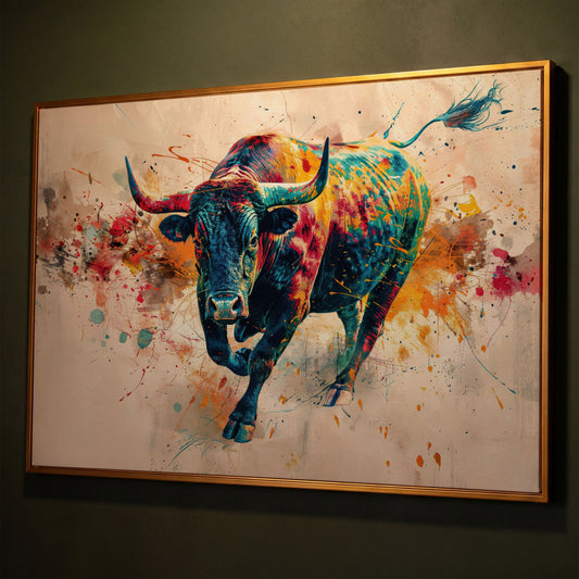 Charging Bull Abstract Canvas Wall Art shown in antique gold floating frame