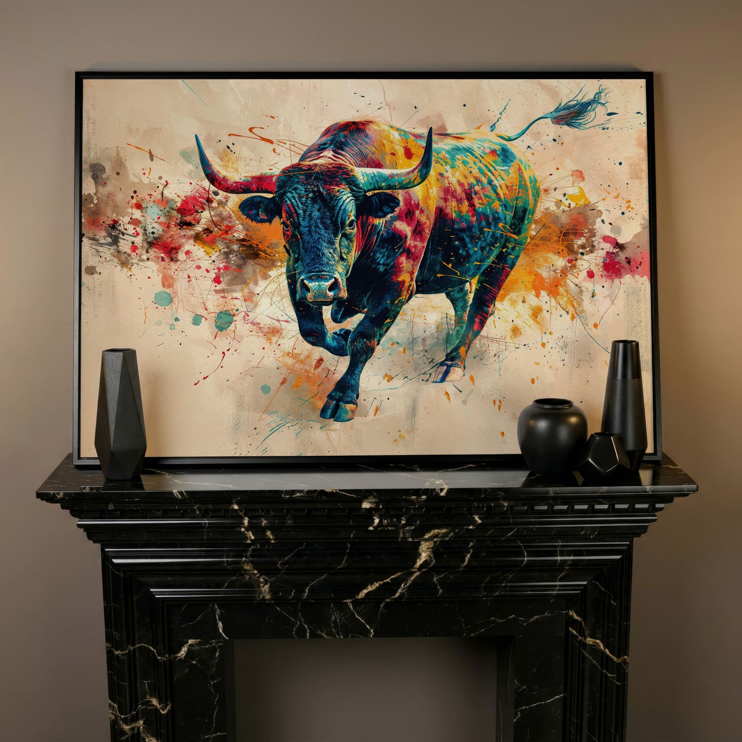 Charging Bull Abstract Canvas Wall Art in black floating frame