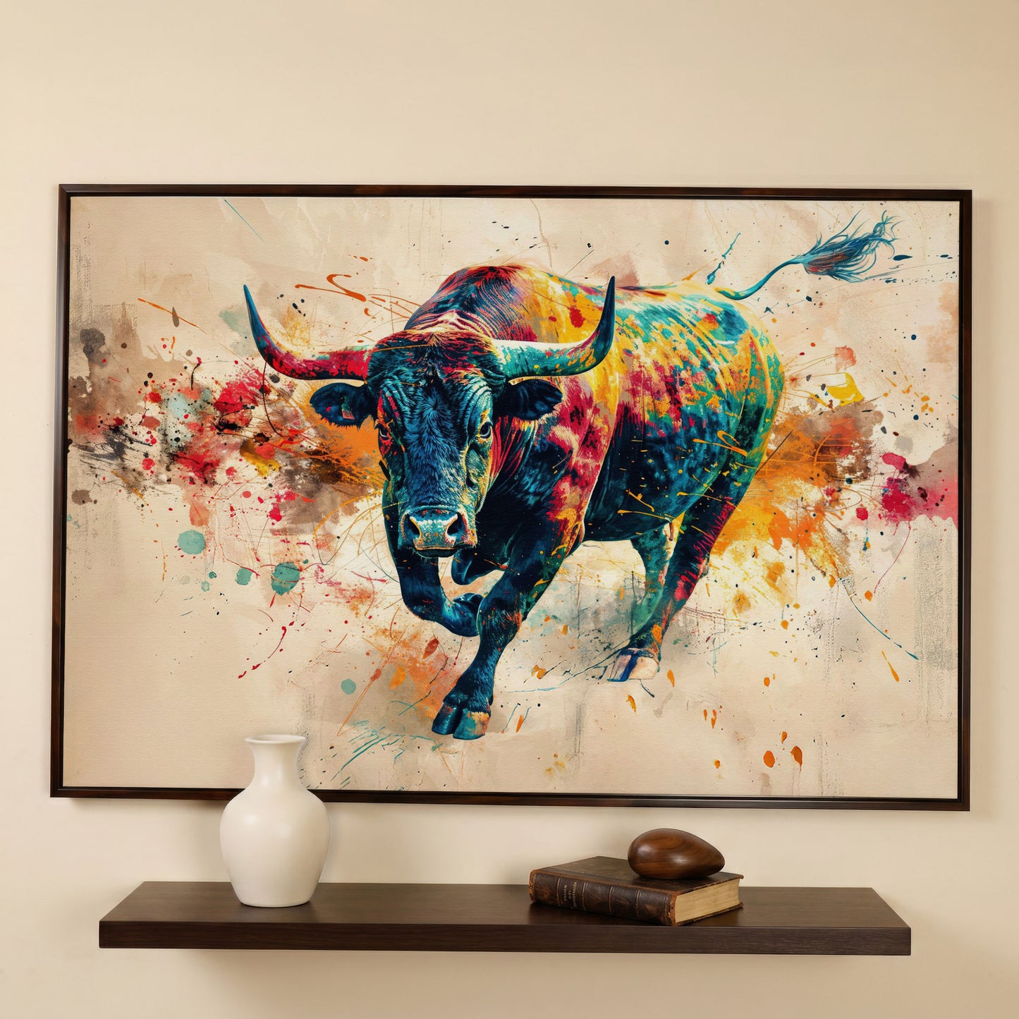 Charging Bull Abstract Canvas Wall Art in dark walnut floating frame