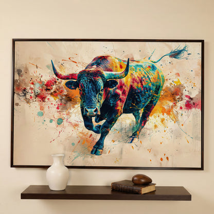 Charging Bull Abstract Canvas Wall Art in dark walnut floating frame