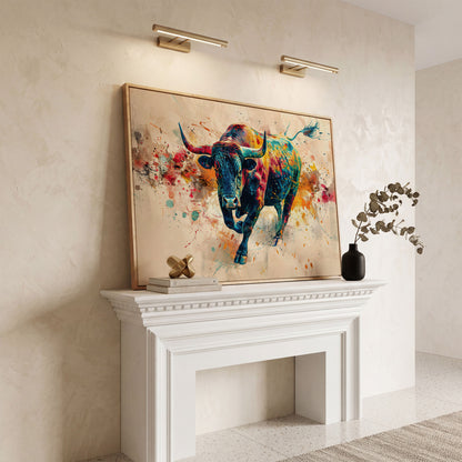 Charging Bull Abstract Canvas Wall Art in white oak floating frame