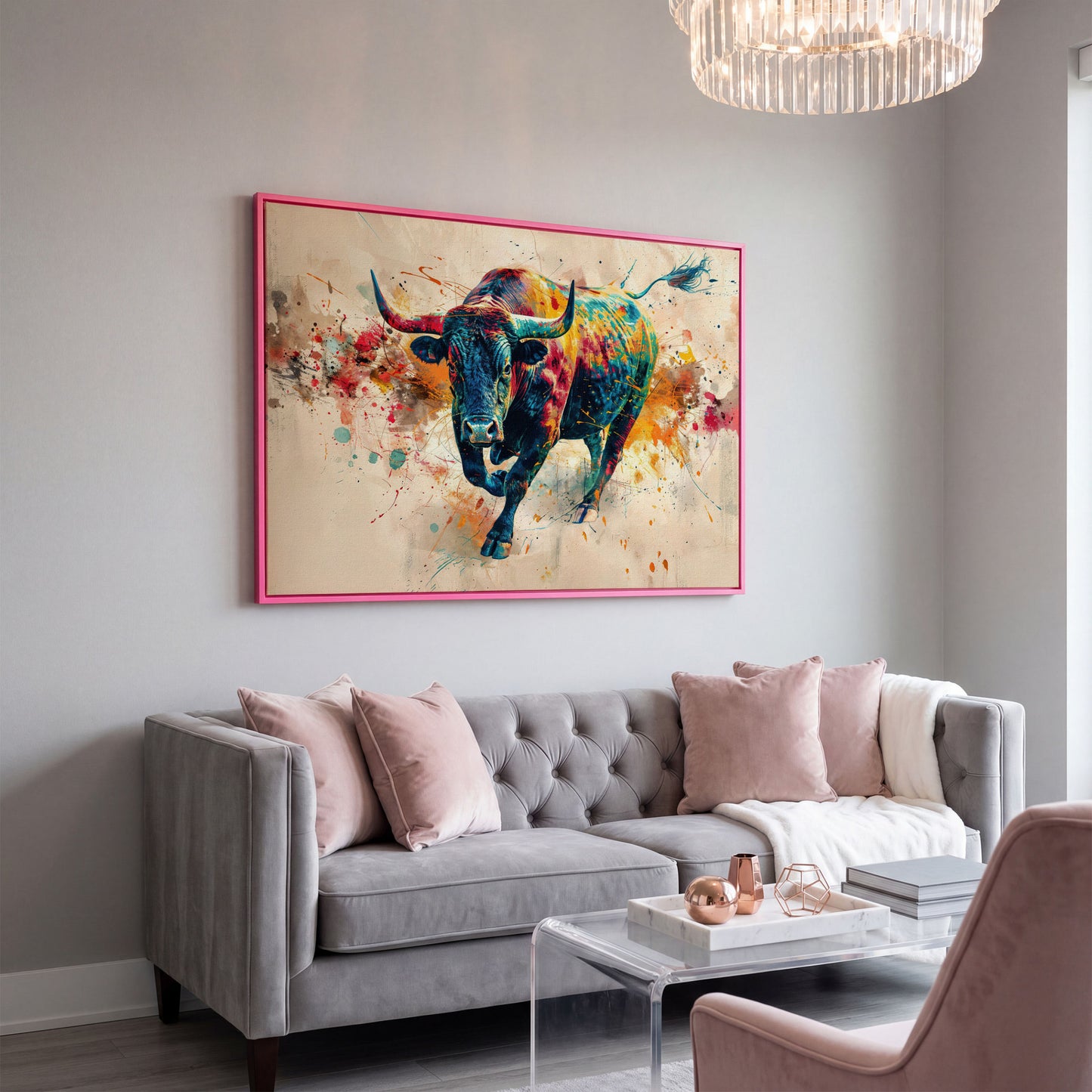 Charging Bull Abstract Canvas Wall Art in pink floating frame