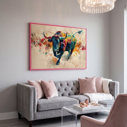 Charging Bull Abstract Canvas Wall Art in pink floating frame