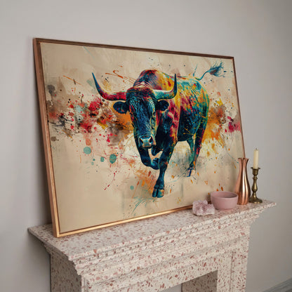 Charging Bull Abstract Canvas Wall Art in rose gold floating frame