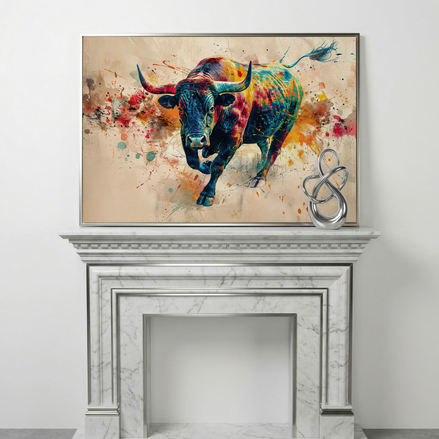 Charging Bull Abstract Canvas Wall Art in silver floating frame