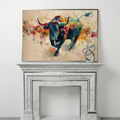 Charging Bull Abstract Canvas Wall Art in silver floating frame