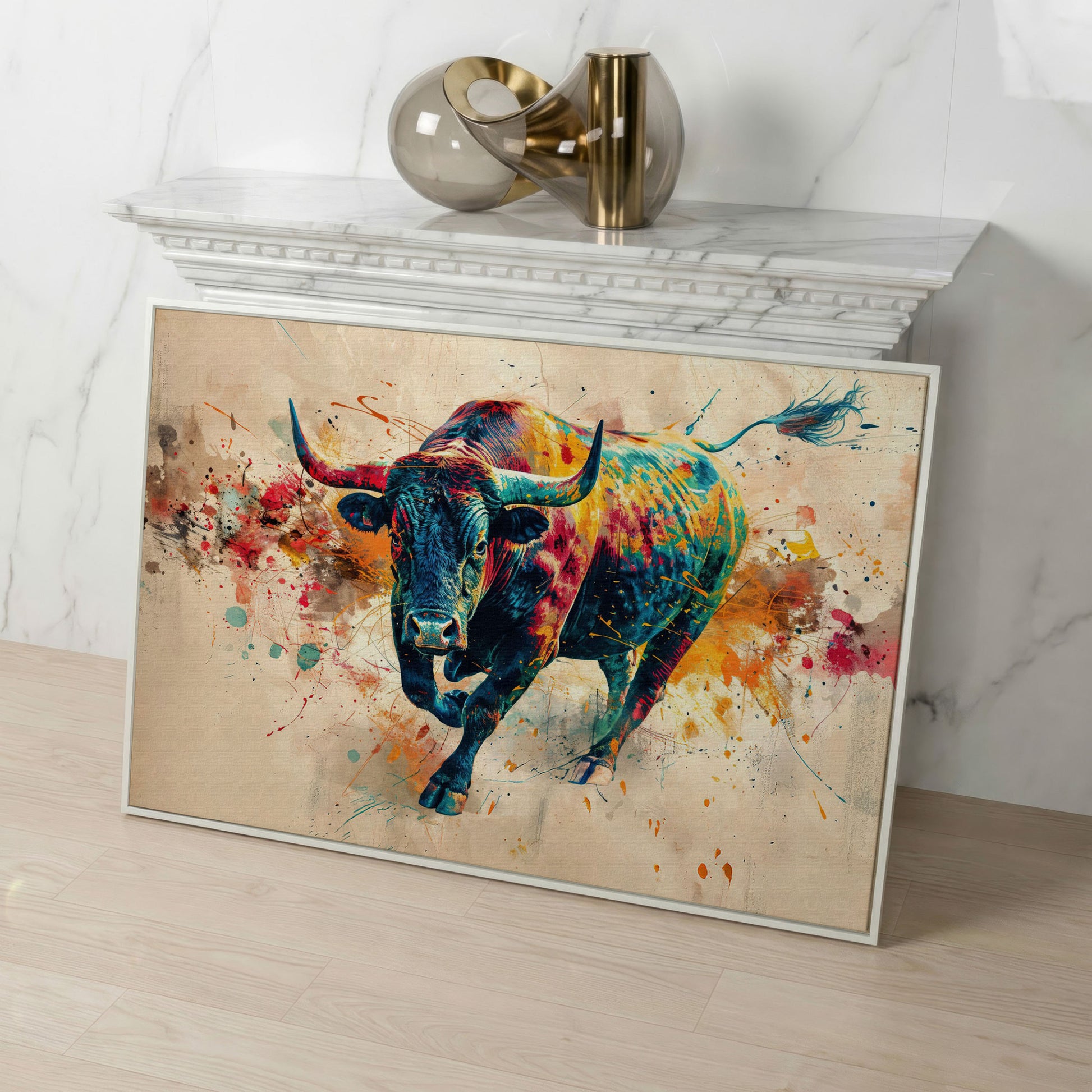 Charging Bull Abstract Canvas Wall Art in white floating frame