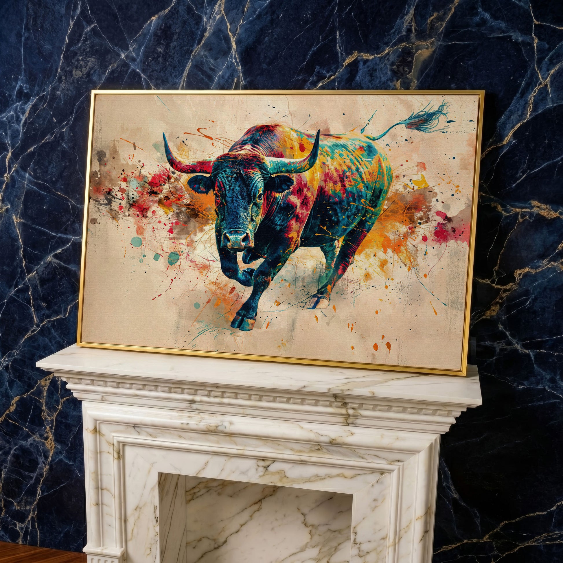 Charging Bull Abstract Canvas Wall Art in yellow gold floating frame