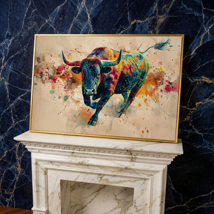 Charging Bull Abstract Canvas Wall Art in yellow gold floating frame