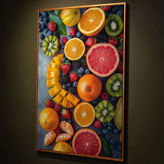 Fresh Fruit Canvas Print for Kitchen Walls shown in antique gold floating frame