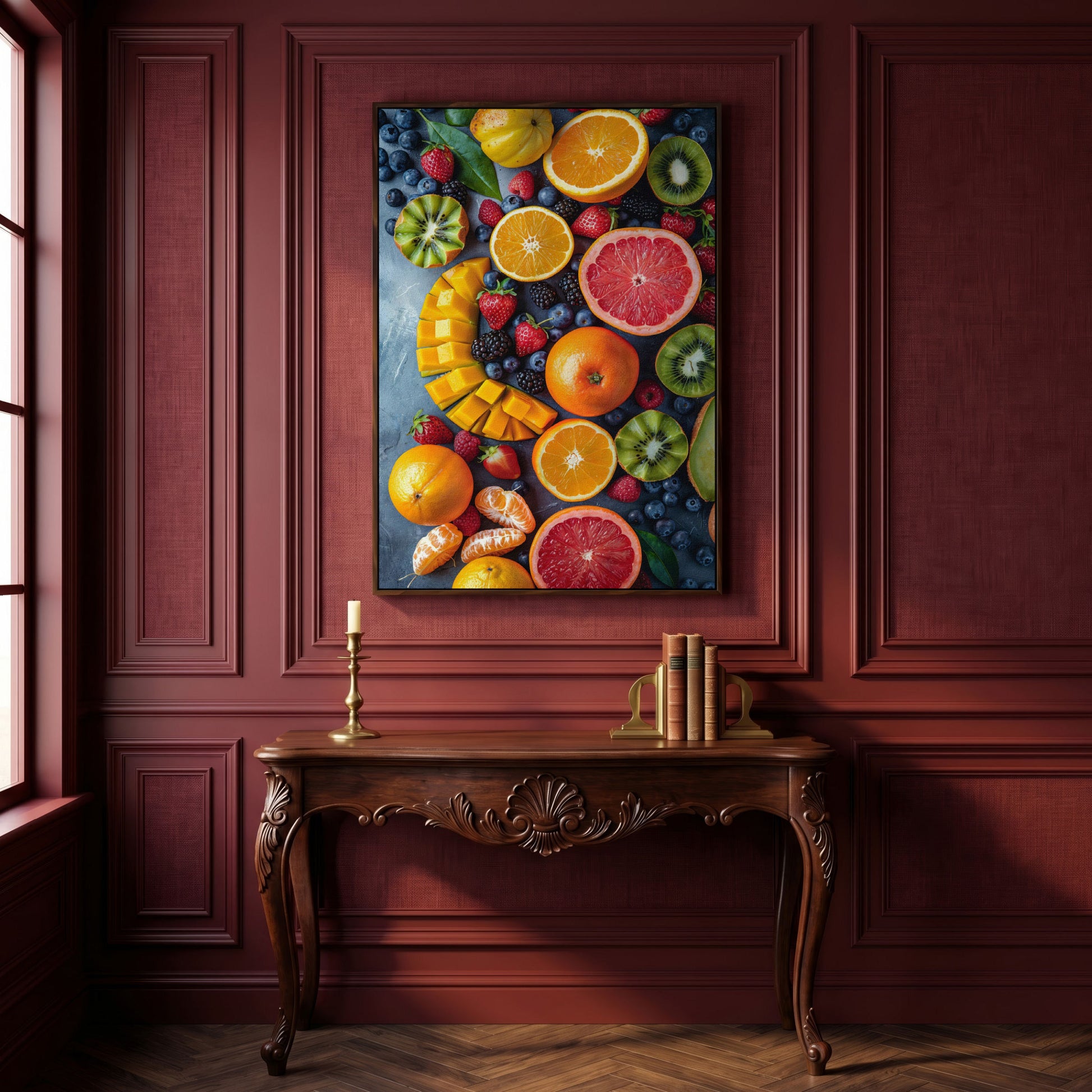 Fresh Fruit Canvas Print for Kitchen Walls in dark walnut floating frame