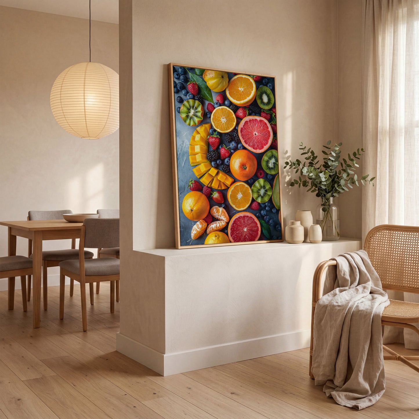 Fresh Fruit Canvas Print for Kitchen Walls in white oak floating frame