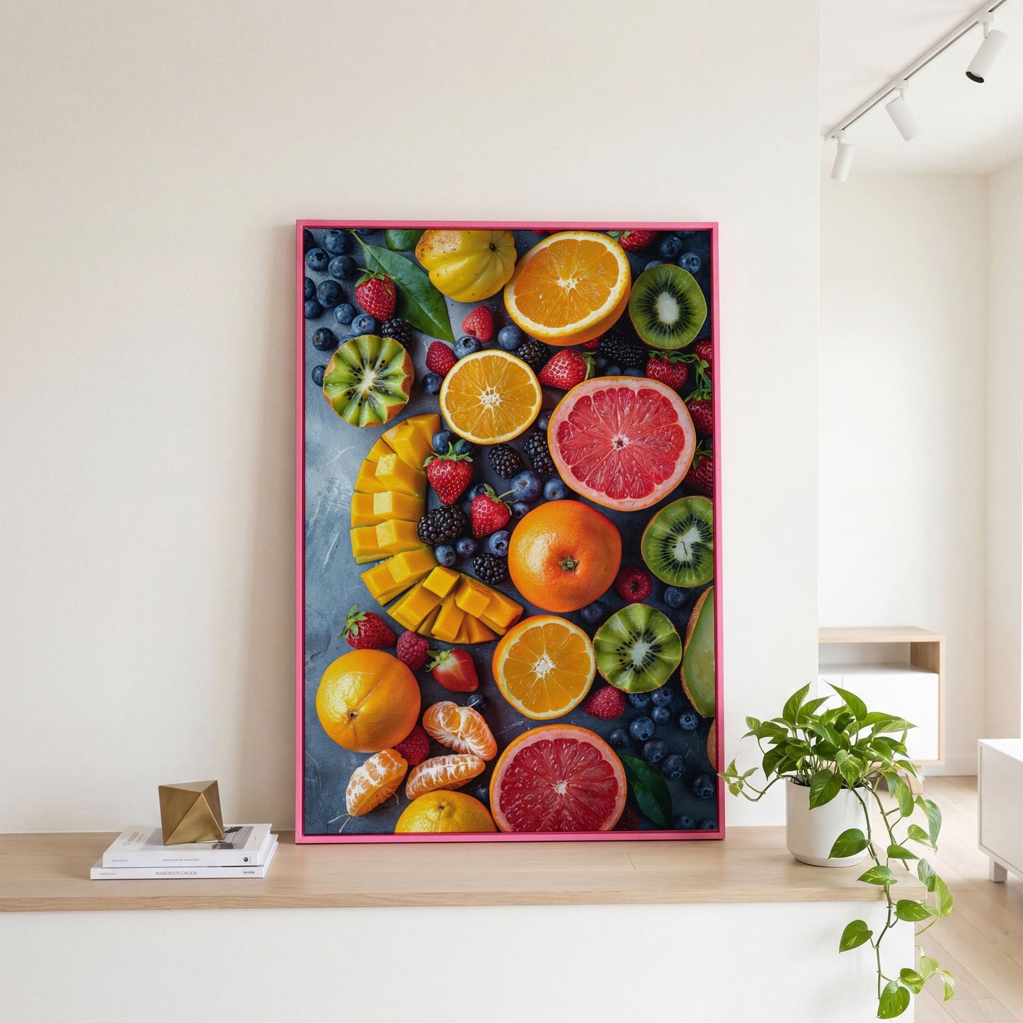 Fresh Fruit Canvas Print for Kitchen Walls in pink floating frame