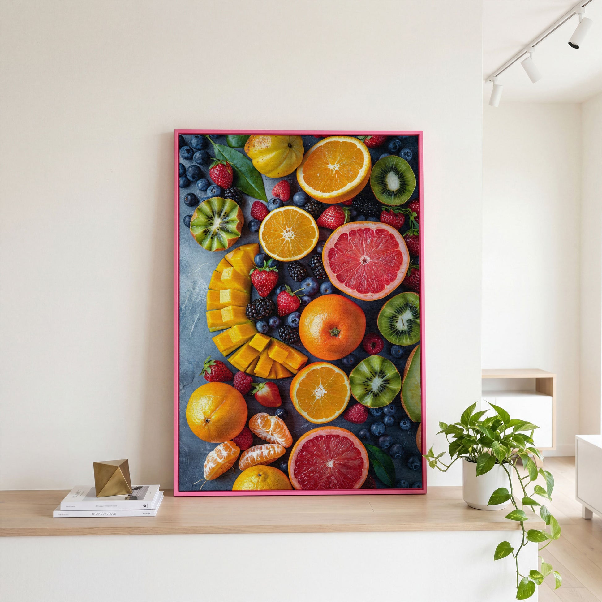 Fresh Fruit Canvas Print for Kitchen Walls in pink floating frame