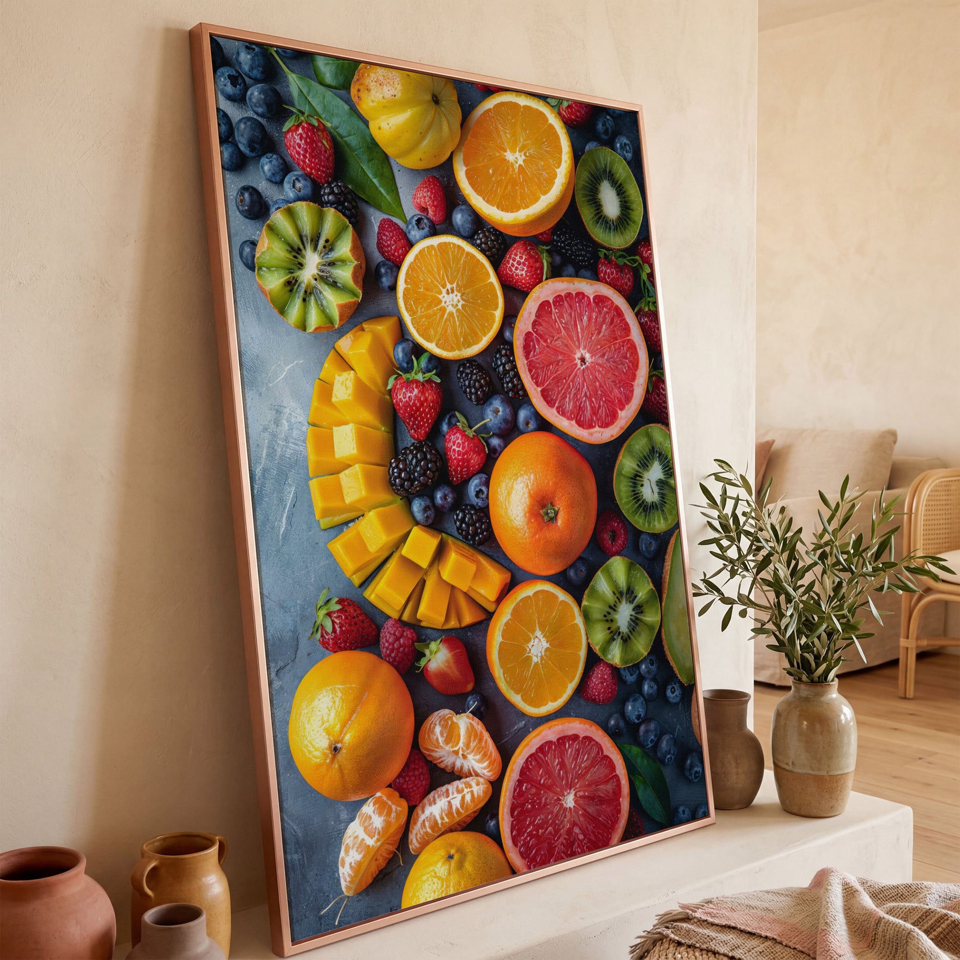 Fresh Fruit Canvas Print for Kitchen Walls in rose gold floating frame