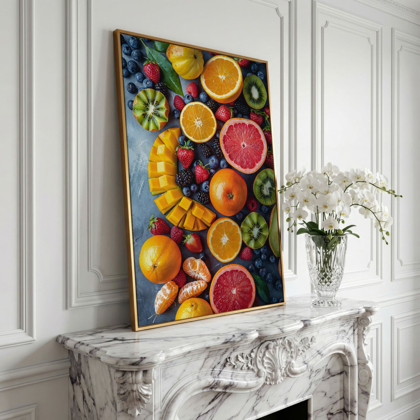 Fresh Fruit Canvas Print for Kitchen Walls in yellow gold floating frame