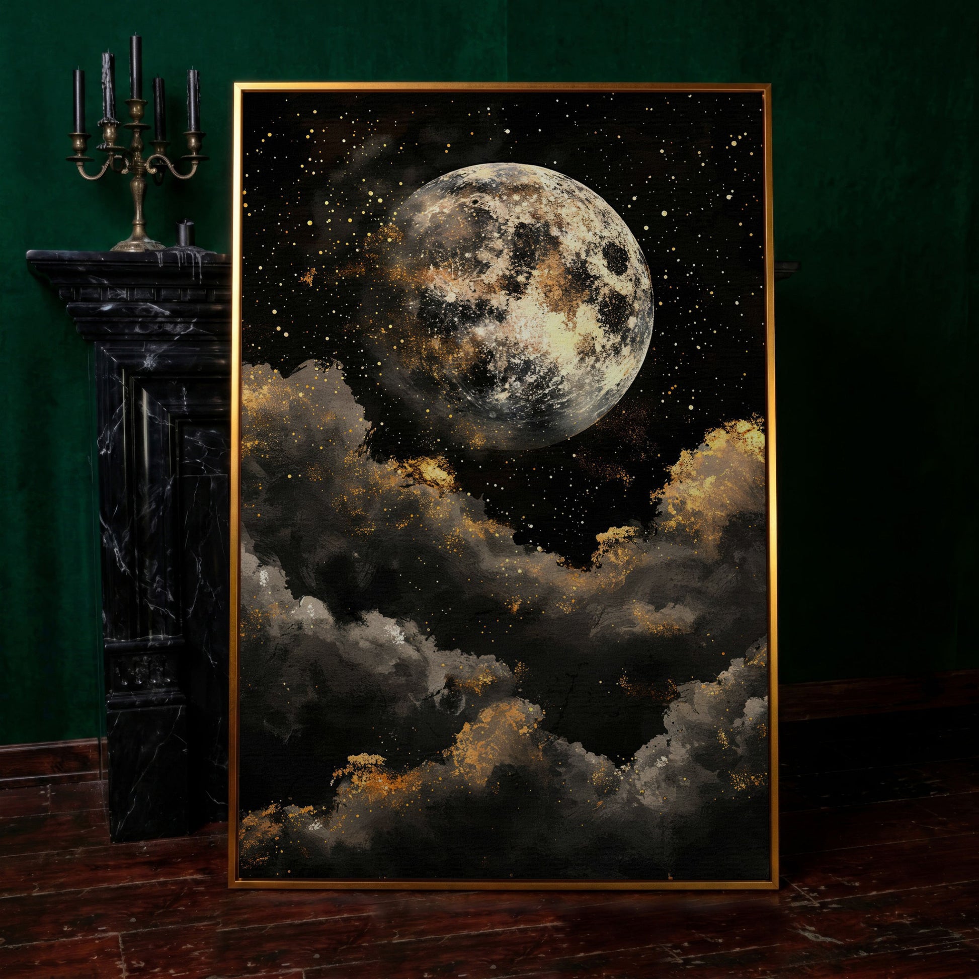 Moonrise Over Golden Clouds Canvas Art in antique gold floating frame