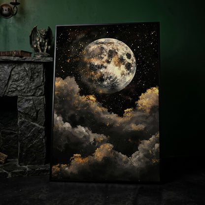 Moonrise Over Golden Clouds Canvas Art in black floating frame