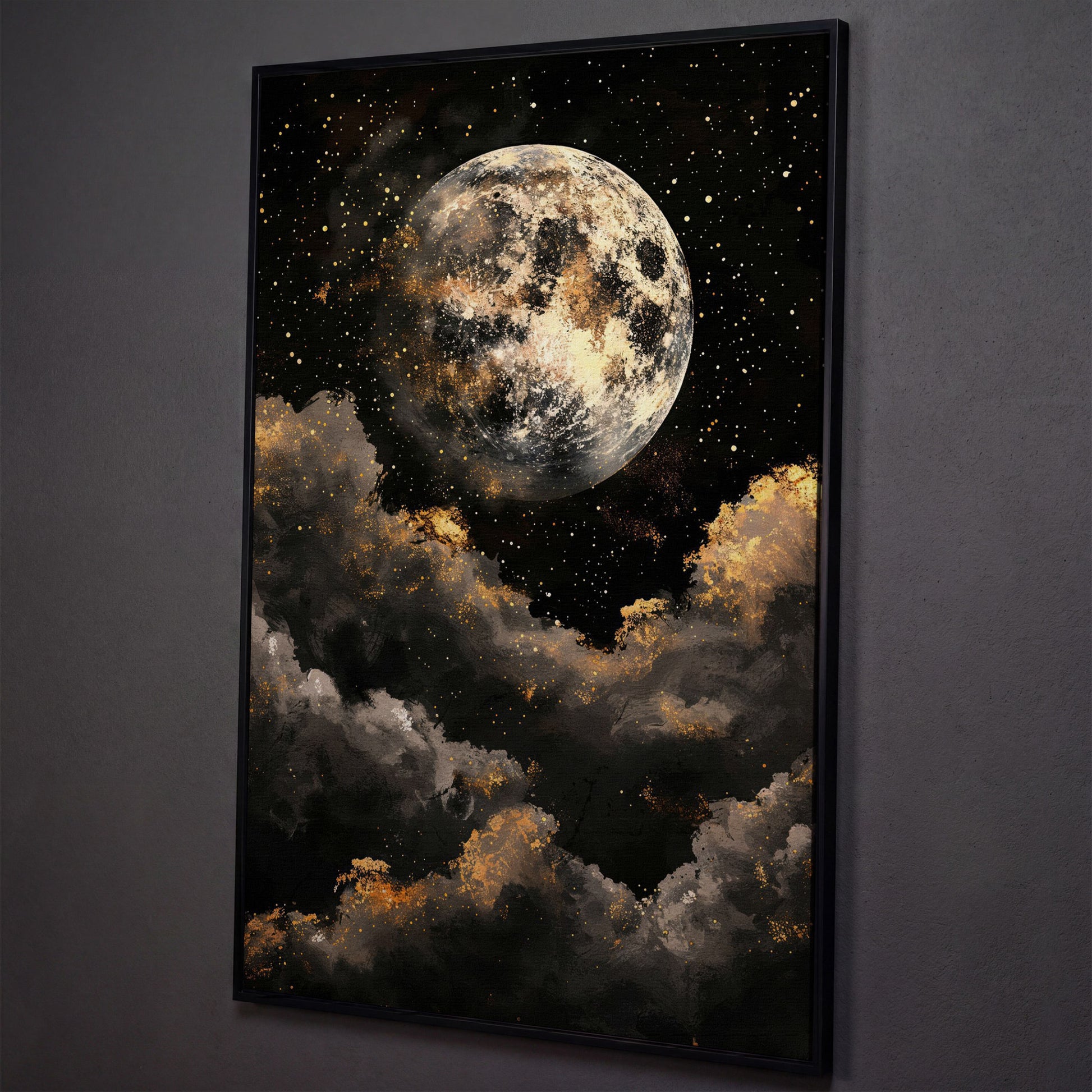 Moonrise Over Golden Clouds Canvas Art shown in black floating frame