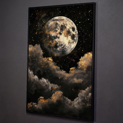 Moonrise Over Golden Clouds Canvas Art shown in black floating frame